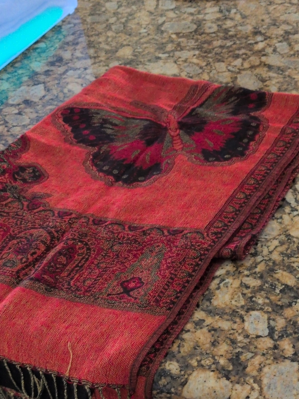 Butterfly Pattern Red Woven Scarf